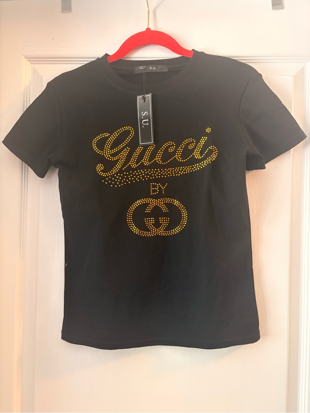 Inspired S.U. Black Crewneck Top with Gold Stud Heart Detail